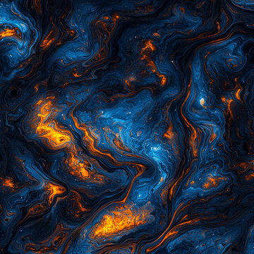 Abstract flowing patterns of deep blue and vibrant orange, intertwining like cosmic currents or fiery liquid marble