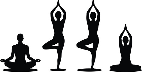 Yoga silhouette vector set, black yoga clipart, meditation and tree pose design, wellness artwork, minimal fitness shape, logo use, health theme