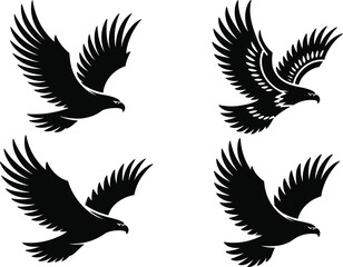 Obraz premium Eagle Silhouettes in Flight, Dynamic Wing Poses, Majestic Bird Motion, Freedom and Power Concept, Vector Illustration, Wildlife Design, Nature Symbol Elements