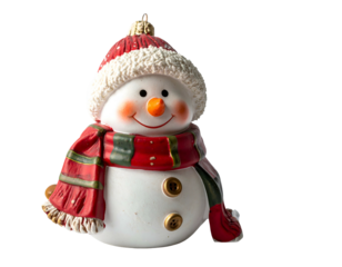 Festive snowman ornament with red hat and striped scarf