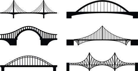 Bridge Silhouettes in Engineering Styles, Cable-Stayed, Arch, Suspension Designs, Structural Architecture Elements, Vector Illustration, Civil Engineering Concept, Infrastructure Design Graphics