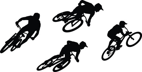 Cyclist Silhouettes Performing Stunts, Mountain Biking and BMX Action Poses, Sport Motion Concept, Vector Illustration, Outdoor Fitness Theme, Athletic Rider Design