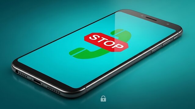 Smartphone displaying a stop sign with a phone icon against blue background