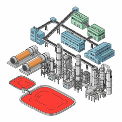 Obraz premium Isometric view of a complex industrial facility with multiple buildings and processing units.