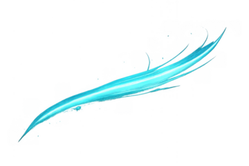 Blue fluid splashing in a dynamic curved line, showing liquid motion, spray, and drops on a transparent background