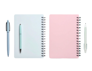 Two notebooks, one pink, one white, with pens