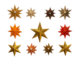 Twelve metallic and jewel-toned star shapes on black