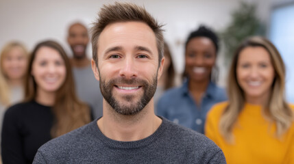 Fototapeta premium Friendly man casual sweater confident smile happy team diverse group modern office leadership teamwork professional workplace culture adult male beard blurred background focus portrait casual