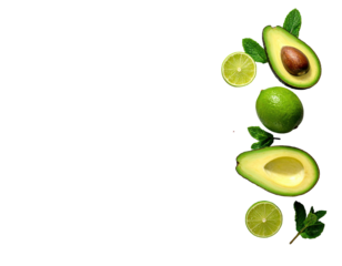 Cut avocados, limes, mint leaves line right edge