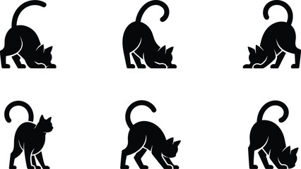 Cat silhouette vector set, black cat clipart, playful feline design, stretching cat artwork, minimal animal shape, pet illustration, logo use © KanonRani art