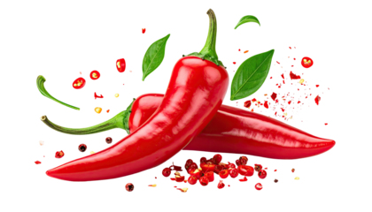 Glossy red chili peppers with leaves and pepper flakes