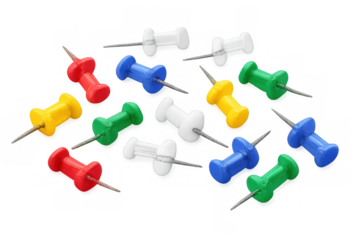 Colorful push pins scattered on a transparent background, office memo board stationery and organization tool