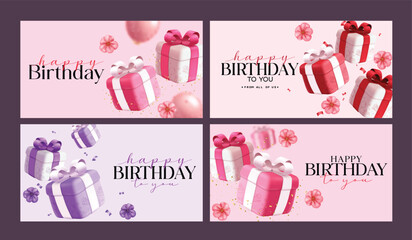 Happy Birthday greeting card clipart banner set. Birthday card with gift boxes, balloons and confetti decoration elements clip art for birthday party invitation template vector illustration. 

