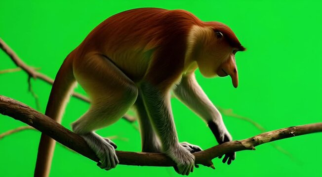 Captivating view of an adult proboscis monkey with a large, distinctive nose, balancing on a tree branch, isolated against a bright green screen background for compositing