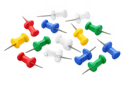 Colorful push pins scattered on a transparent background, office memo board stationery and organization tool - Powered by Adobe