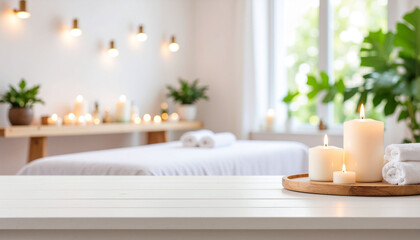 Luxury Wellness Center Interior with Cozy Lighting, Candles, and Massage Bed Background