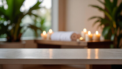 Luxury Wellness Center Interior with Cozy Lighting, Candles, and Massage Bed Background