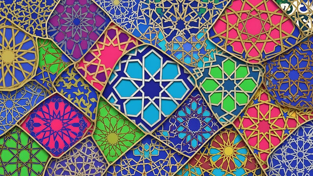 Vibrant islamic geometric pattern with stained glass effect - Powered by Adobe