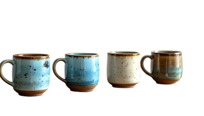 Four ceramic mugs with rustic, speckled glazes