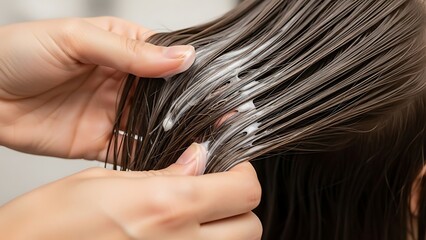 Hands applying hair treatment to dark hair strands