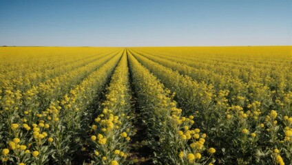 Vibrant Canola Field Under a Clear Blue Sky - Agricultural Landscape.
