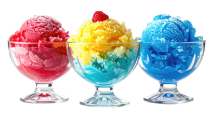 Trio of colorful shaved ice in stemmed glass bowls