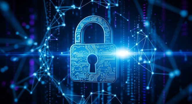 A digital padlock glowing with blue light amidst a network of interconnected nodes and binary code in a dark environment - Powered by Adobe
