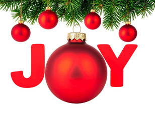 Festive red ornaments adorn a branch, spelling "JOY.