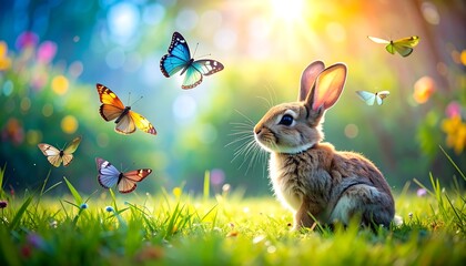 Adorable Bunny Rabbit Surrounded by Colorful Butterflies in a Lush Spring Meadow.