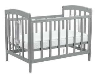 Grey wooden crib w/ mattress, slats, arched headboard
