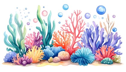 Vibrant Underwater Coral Reef Ecosystem with Diverse Marine Life and Bubbles.