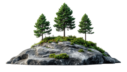 Rocky islet with three evergreen trees against pure black
