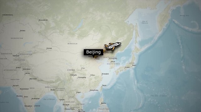 Beijing to New York Airplane Flight Route Map Animation