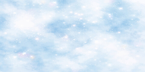 Abstract Christmas background with fluffy white snowflakes drifting through a beautiful bright blue sunny sky filled with natural clouds for a clear winter atmosphere © Graph Rover