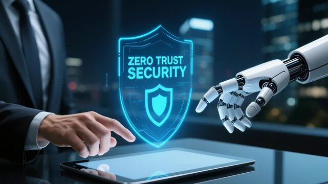 Zero trust security cloud data protection network system vpn connection technology smart business ai shield appears above tablet, human and robot hand interact showing modern cybersecurity