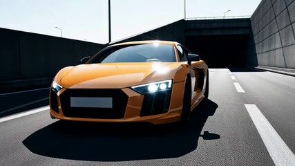 A bright orange car enters a dark tunnel and then drives out into the sunlight. The car moves along the city road and shows off its design