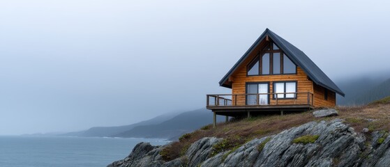 Solitude Emptiness Cabin concept. Cozy cabin by the sea under a misty sky.