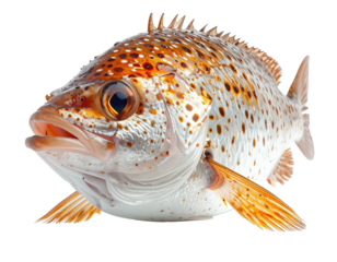 Speckled orange fish with large eyes, open mouth on black
