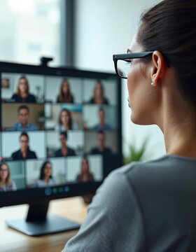 Woman with glasses attends online meeting, listens intently to multiple people on her computer screen. Remote work, virtual collaboration and business communication.