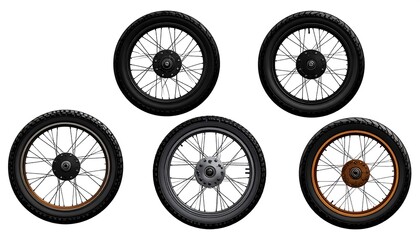 Collection of Five Vintage Bicycle Wheels with Spokes.