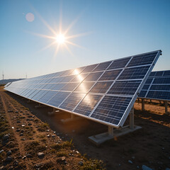 A large solar panel array standing in a dirt field under a clear blue sky with the sun shining brightly overhead