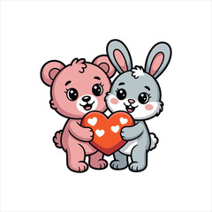Obraz premium Cute Bear and Bunny Holding Heart Cartoon Illustration Isolated on White