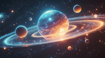 Colorful Cosmic Space Scene with Planets, Galaxies and Distant Stars