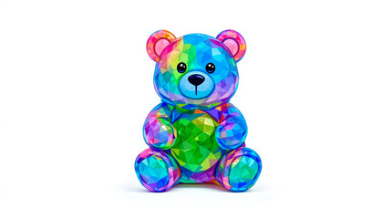 A colorful iridescent bear figurine. 3D bear figurine All the colors of the rainbow sitting in a relaxed position