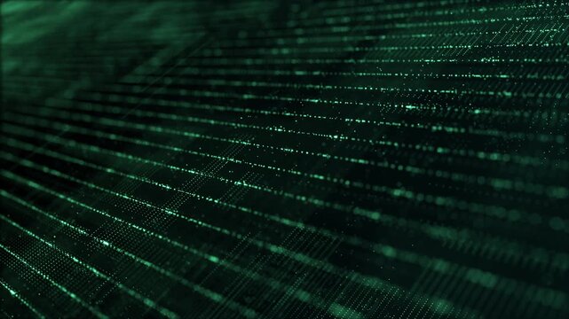 Futuristic green data flow with glowing dots and grid lines, ideal for digital technology, data transmission, and AI backgrounds.