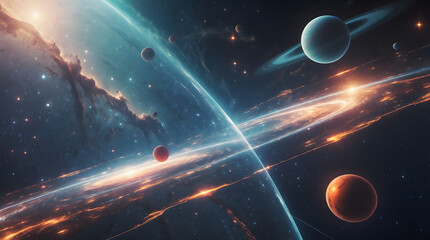 Colorful Cosmic Space Scene with Planets, Galaxies and Distant Stars