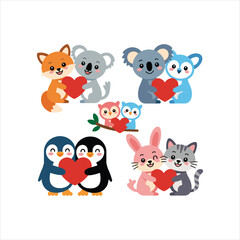Fototapeta premium Cute Animal Couples Holding Heart Cartoon Illustration Set