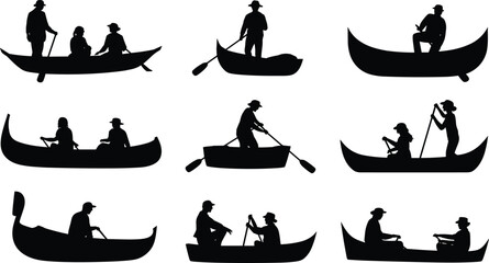 Canoe and rowing silhouettes set showing people paddling, sitting, and standing in boats on water isolated on white background for outdoor recreation and adventure design use © Babulur 