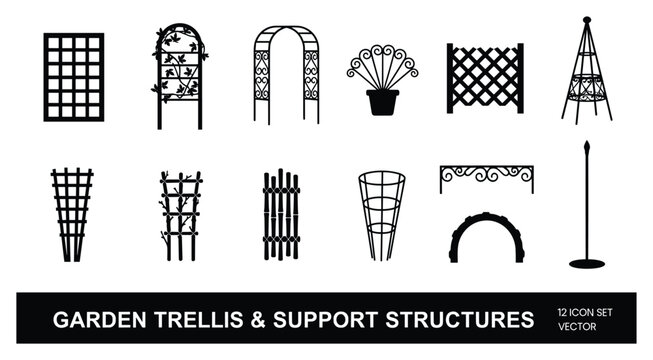 A set of garden trellis and plant support structures vector icons. 12 icons are included.