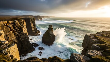 Rugged Coastline with Waves Crashing Rocks.